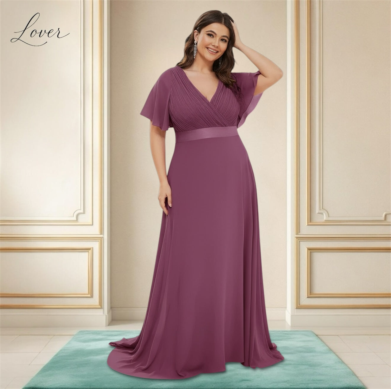 Vestido dusty rose con escote en V y mangas