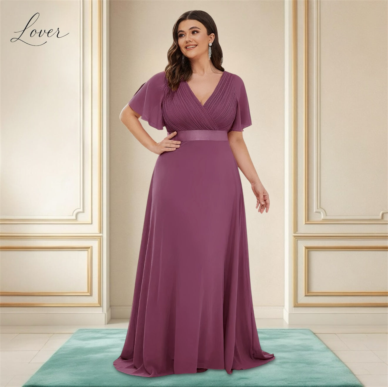 Vestido dusty rose con escote en V y mangas