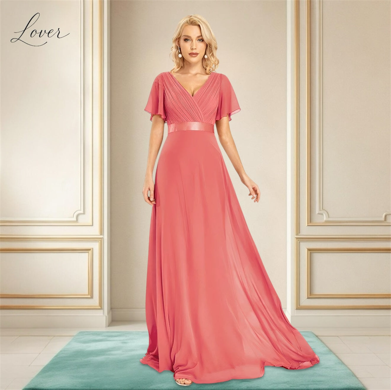 Vestido coral de manga corta