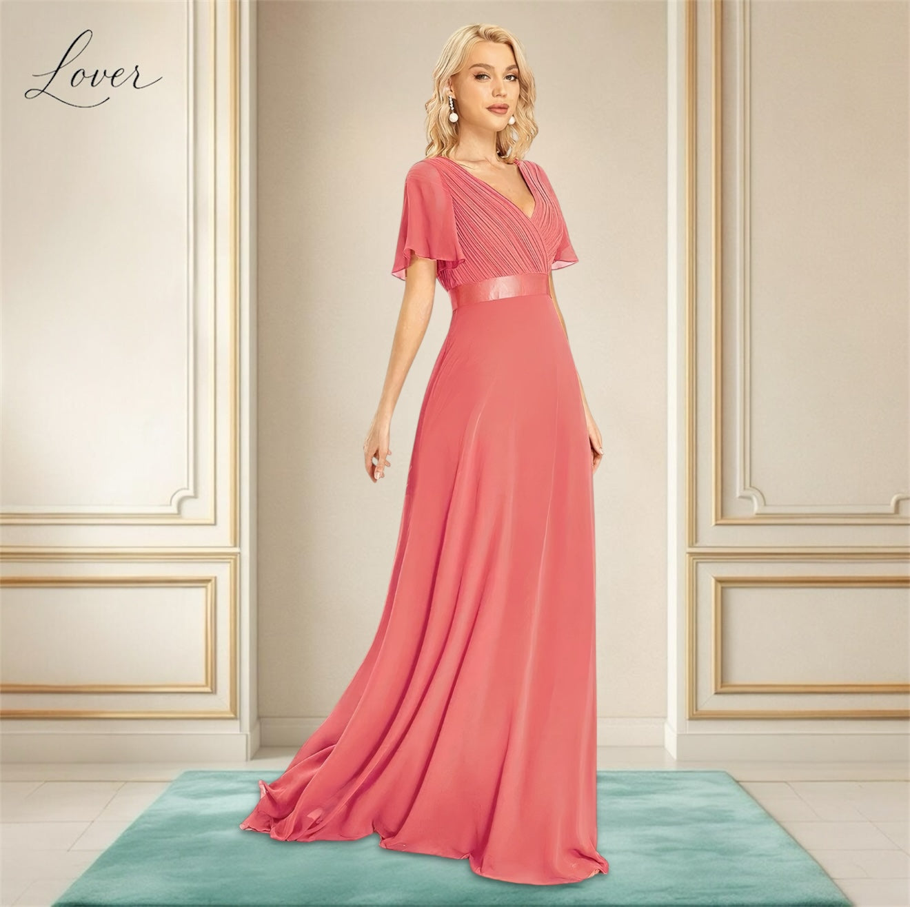 Vestido coral de manga corta