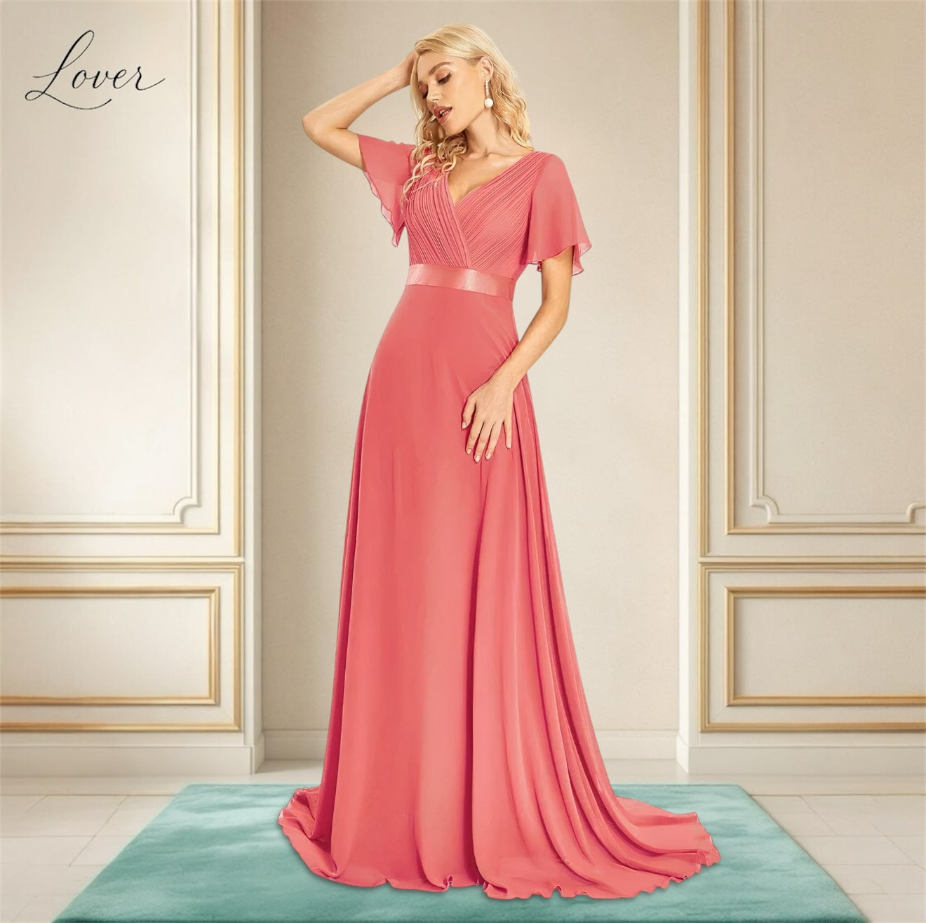 Vestido coral de manga corta