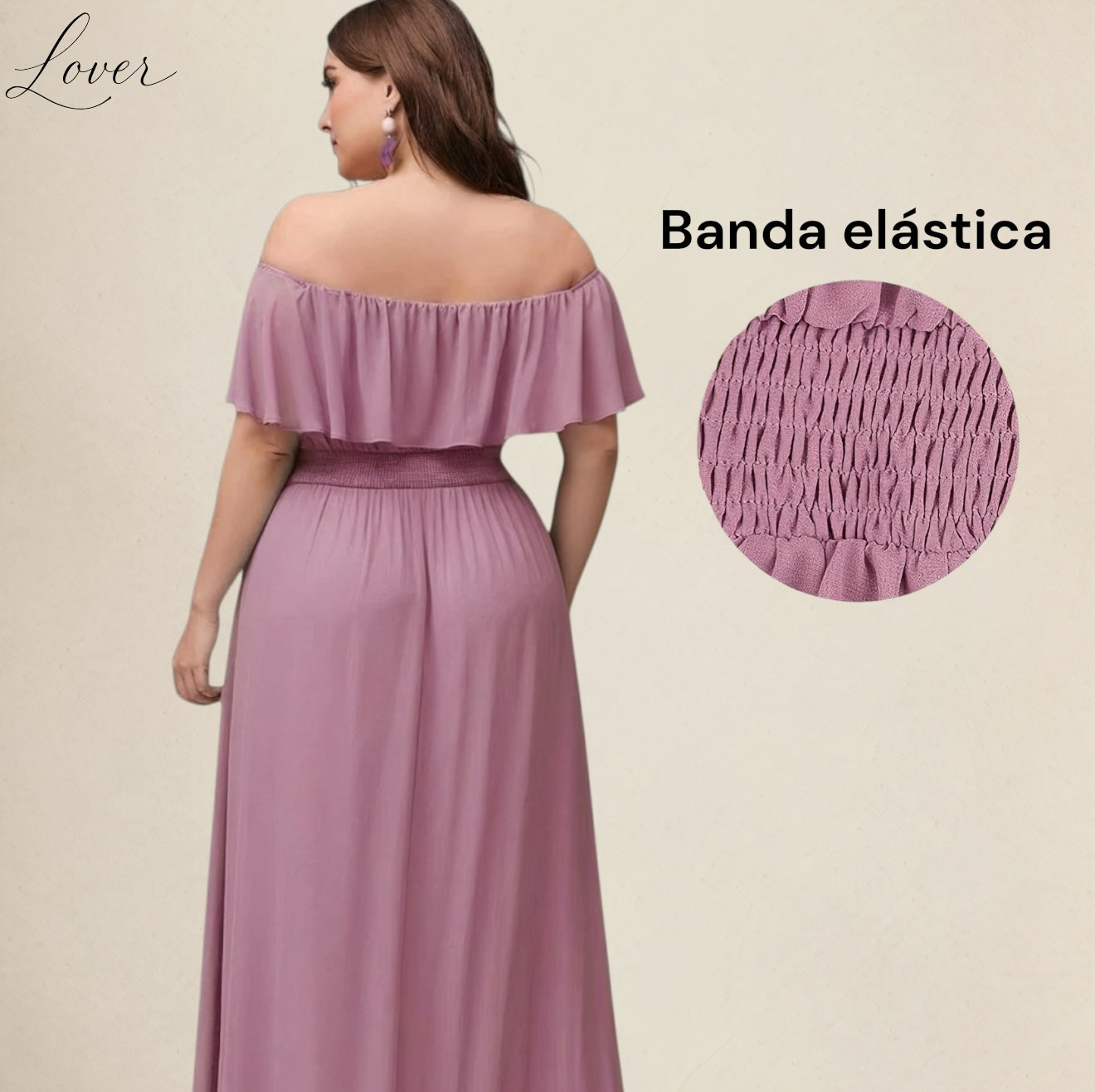 Vestido mauve off shoulder con abertura
