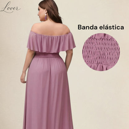 Vestido mauve off shoulder con abertura