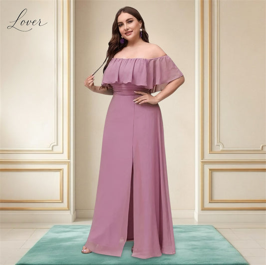 Vestido mauve off shoulder con abertura