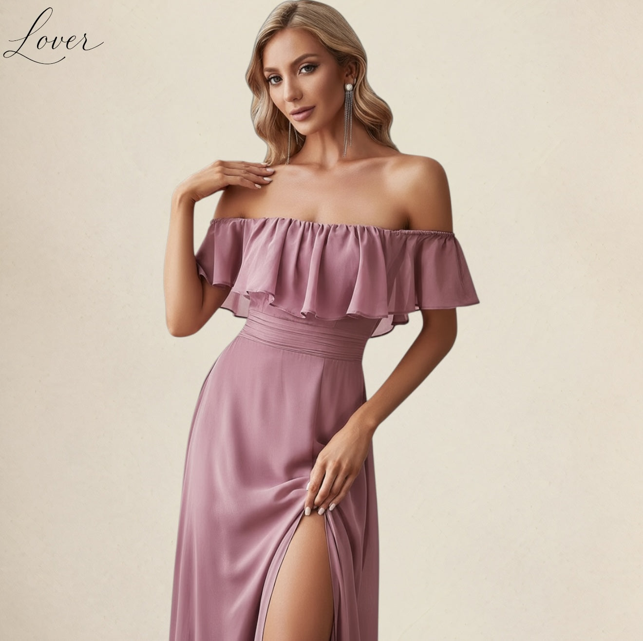 Vestido mauve off shoulder con abertura
