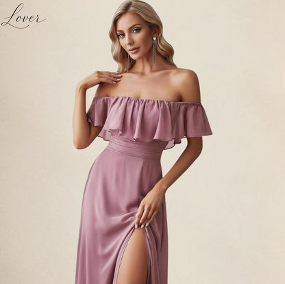 Vestido mauve off shoulder con abertura