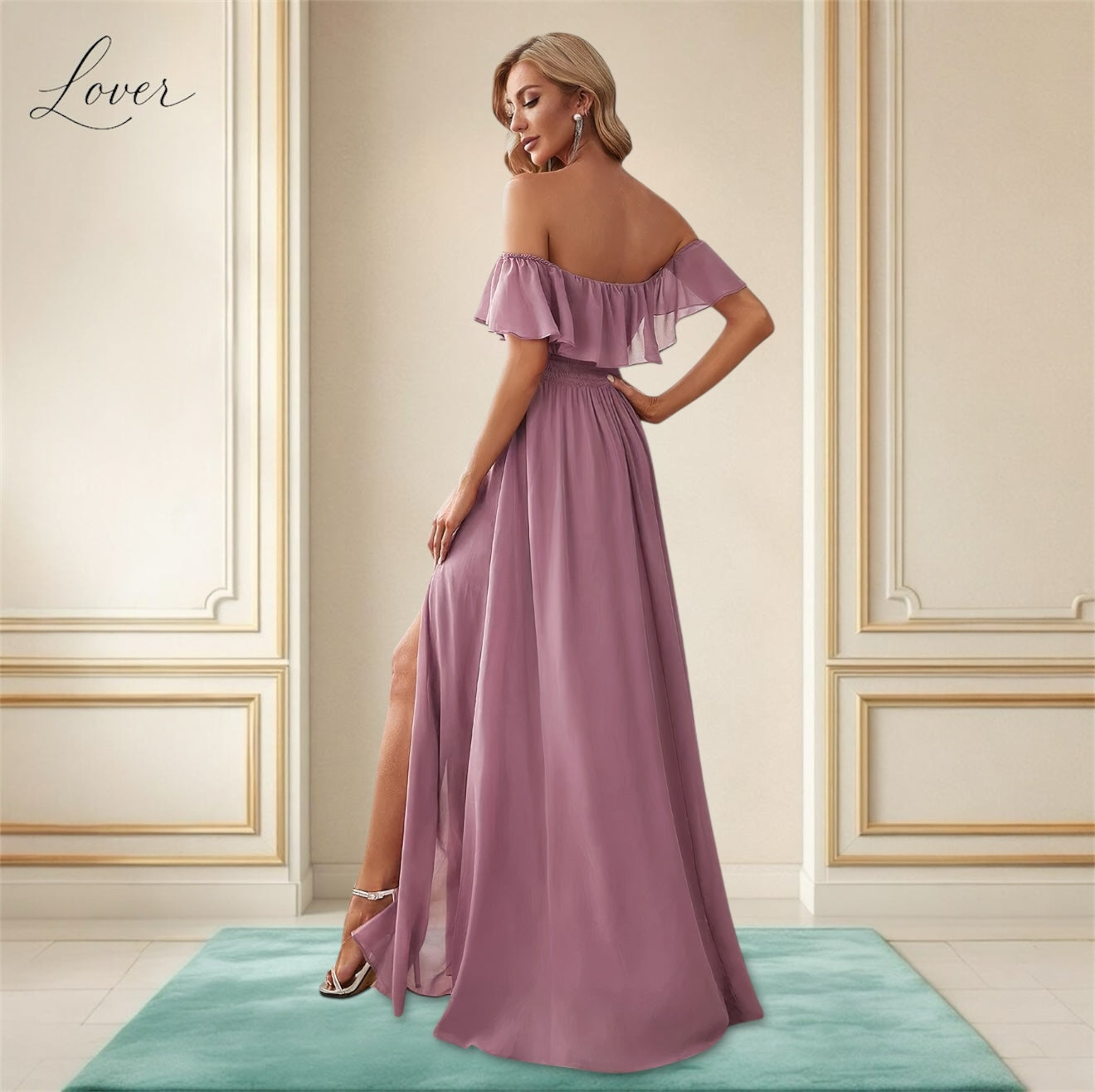 Vestido mauve off shoulder con abertura