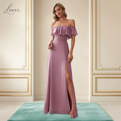 Vestido mauve off shoulder con abertura
