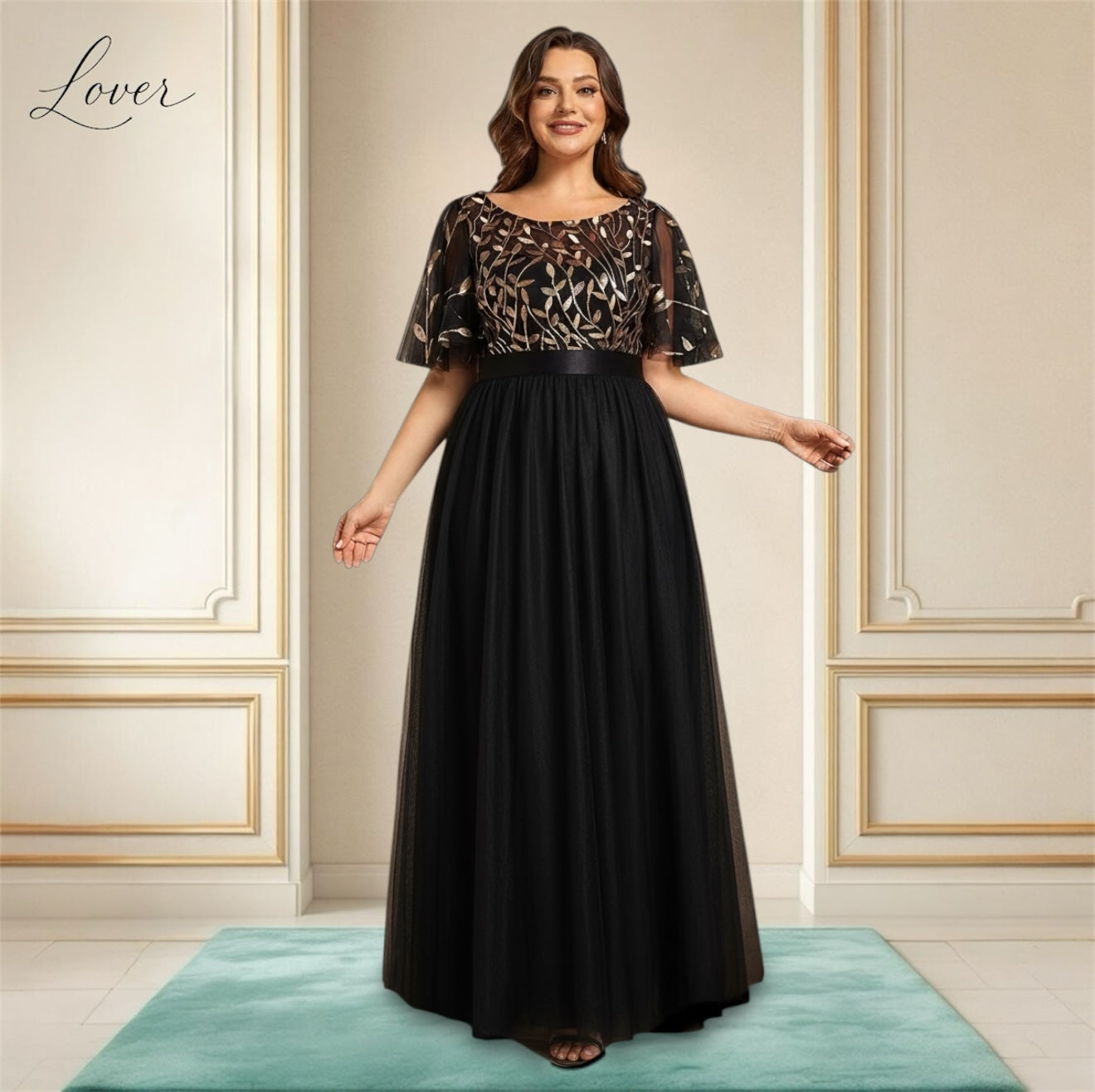 Vestido negro con detalles en dorado