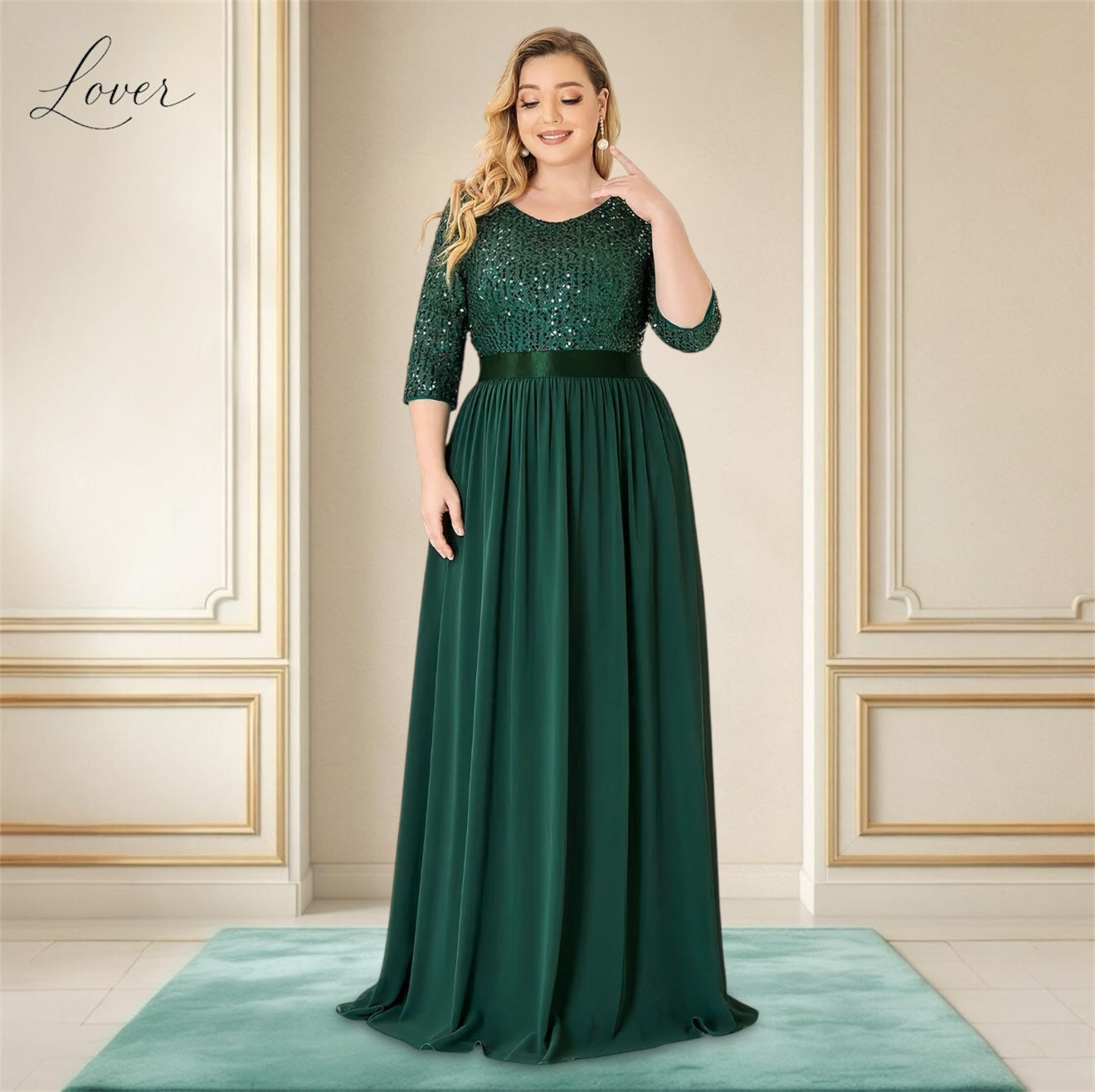 Vestido verde de manga larga con lentejuelas en top