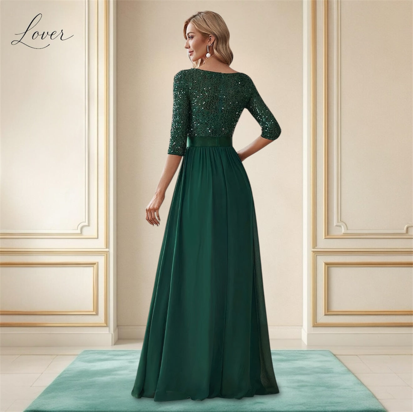 Vestido verde de manga larga con lentejuelas en top