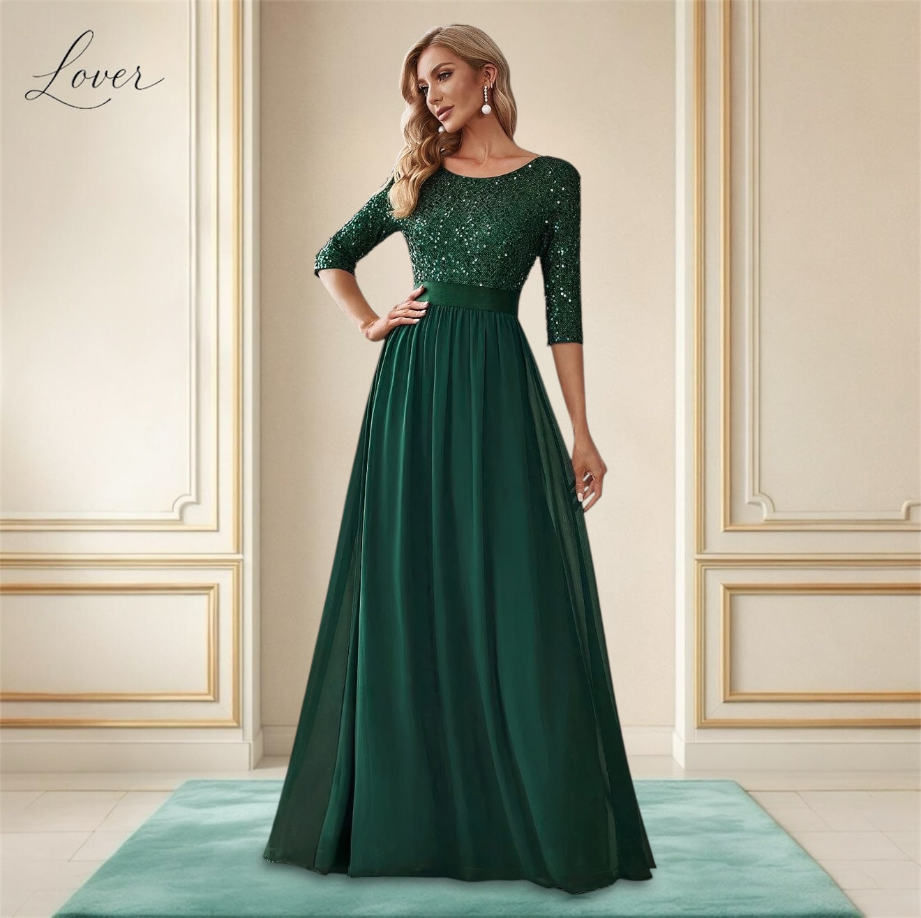 Vestido verde de manga larga con lentejuelas en top