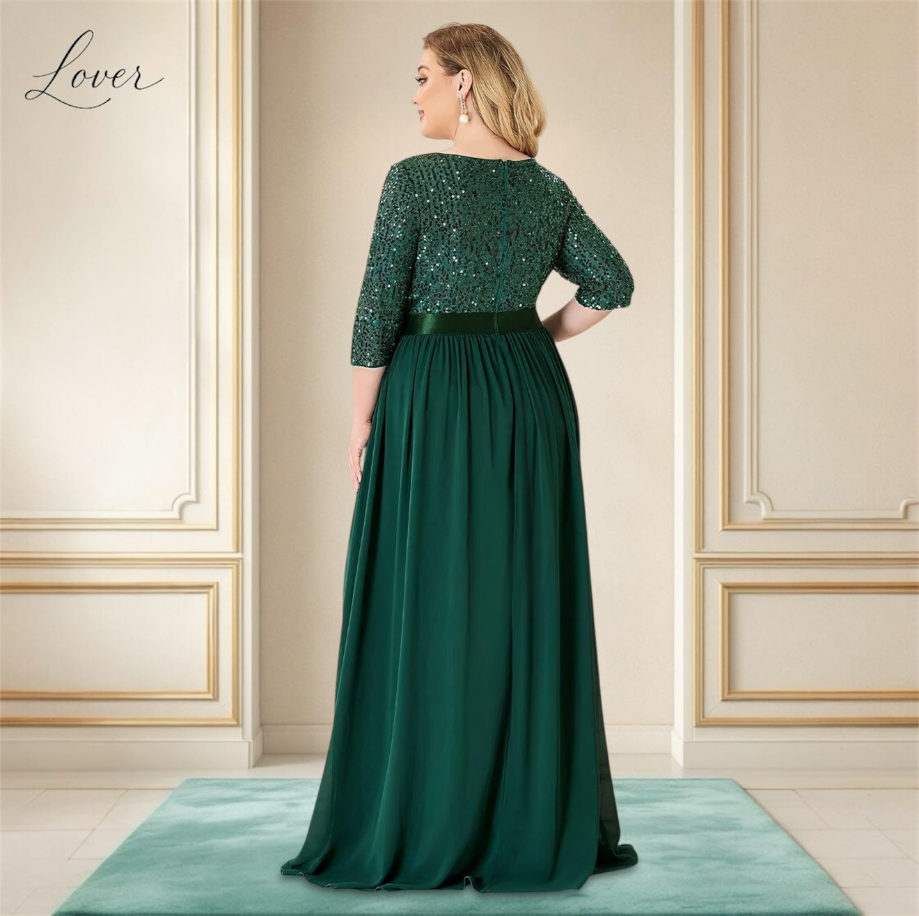 Vestido verde de manga larga con lentejuelas en top
