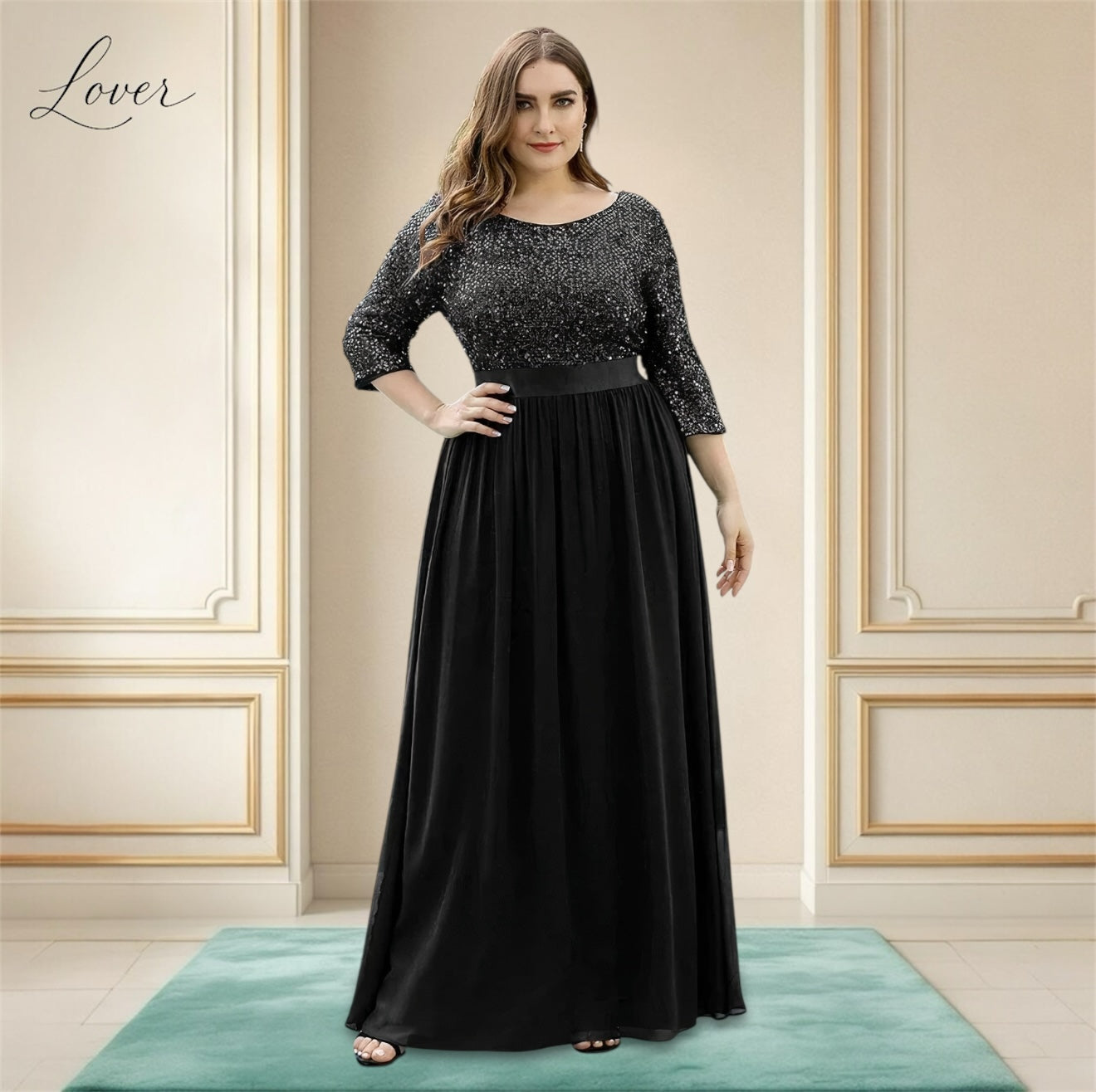 Vestido negro de manga larga con lentejuelas