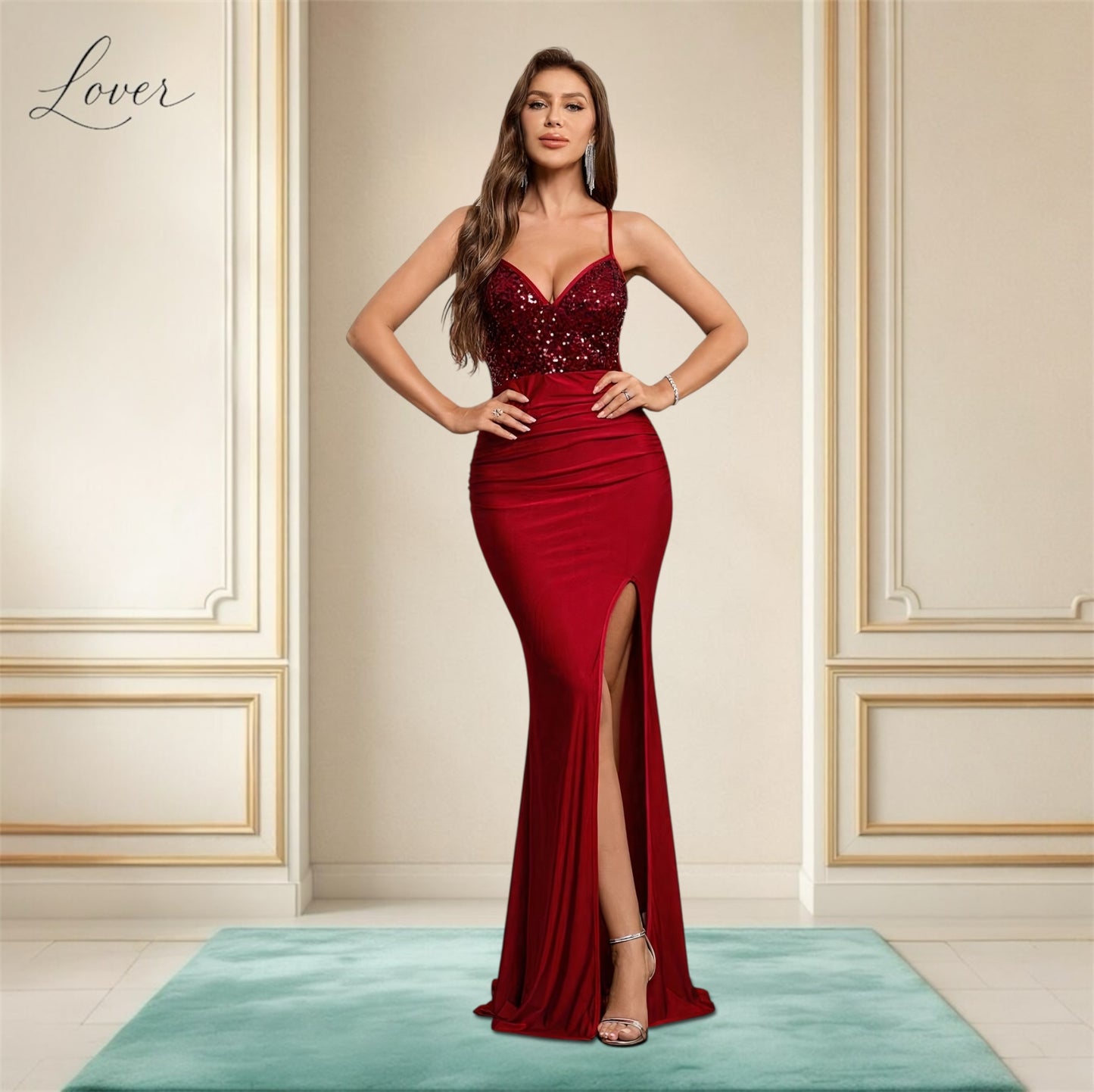 Vestido rojo con lentejuelas en top
