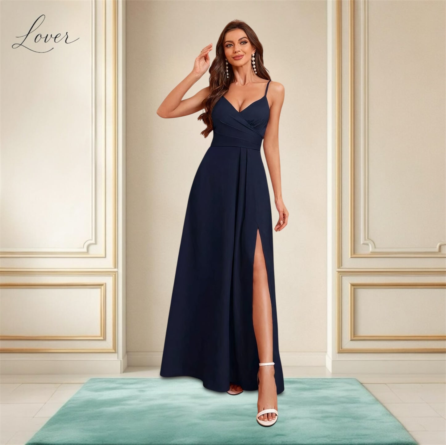 Vestido navy de satin con abertura en la pierna