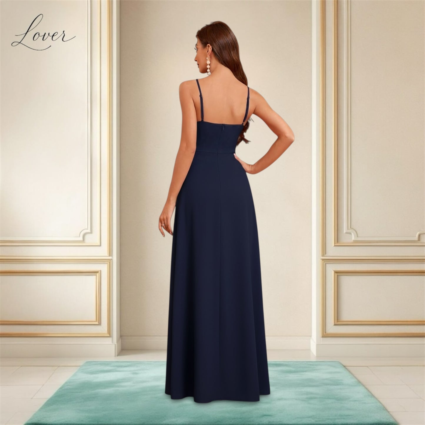 Vestido navy de satin con abertura en la pierna