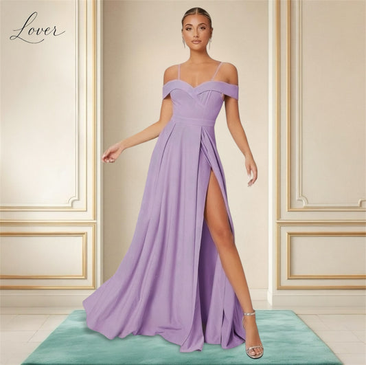 Vestido lila liso con abertura en pierna