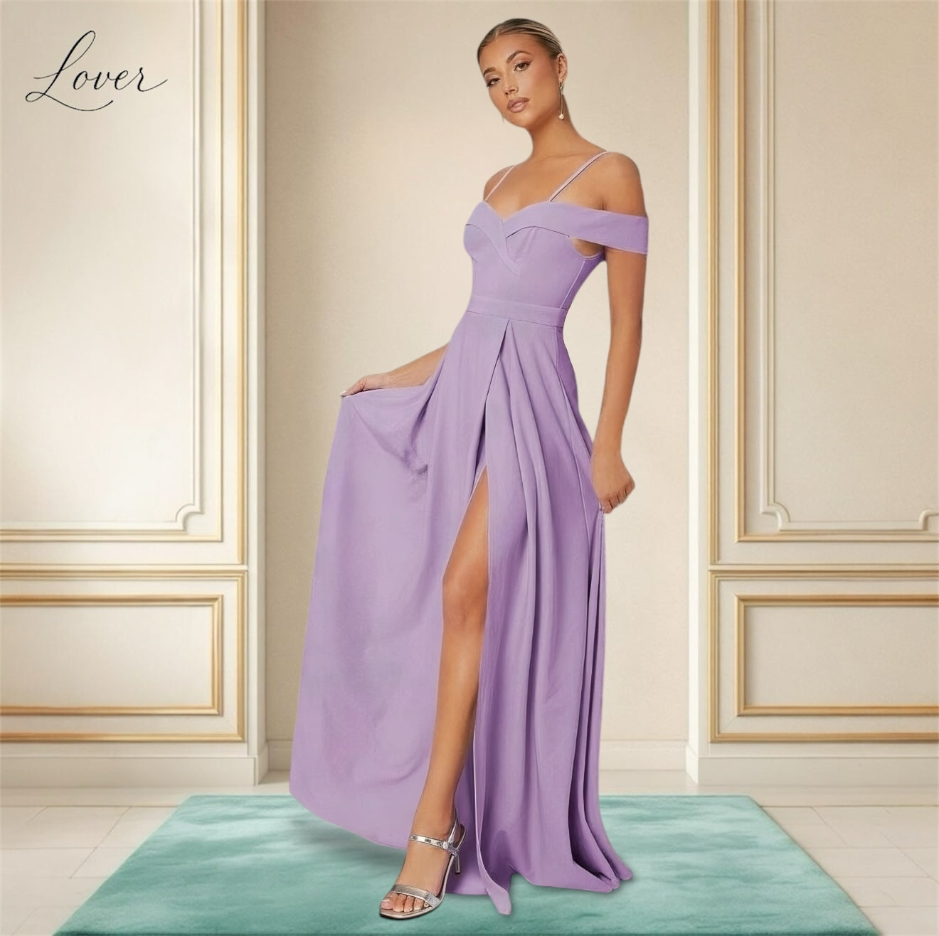 Vestido lila liso con abertura en pierna