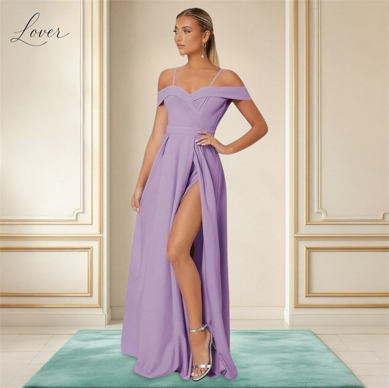 Vestido lila liso con abertura en pierna