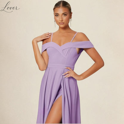 Vestido lila liso con abertura en pierna