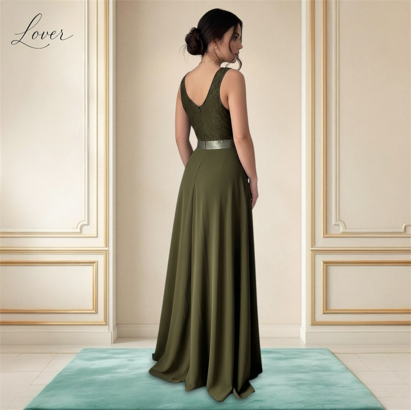 Vestido verde musgo de encaje en top