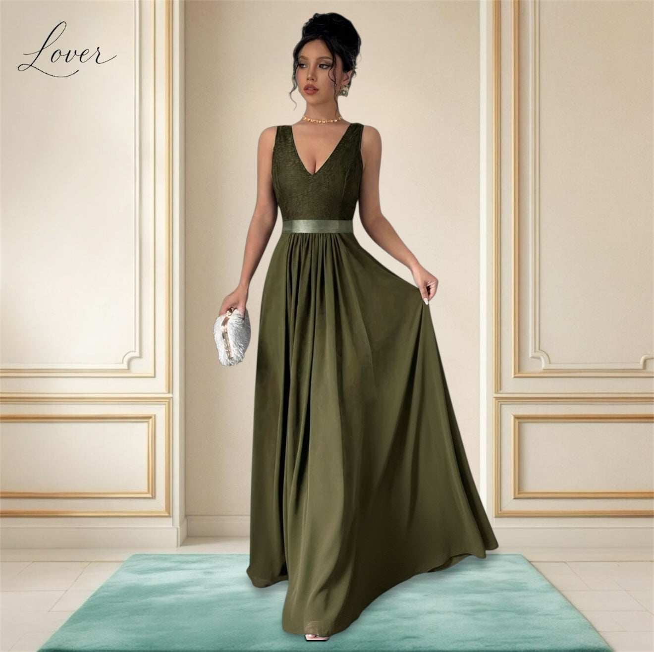 Vestido verde musgo de encaje en top
