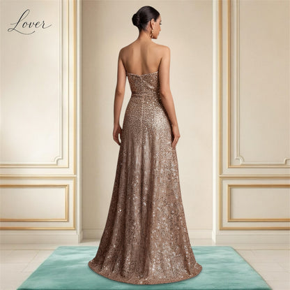 Vestido oro rosa de brillos strapless