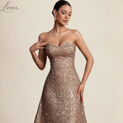 Vestido oro rosa de brillos strapless