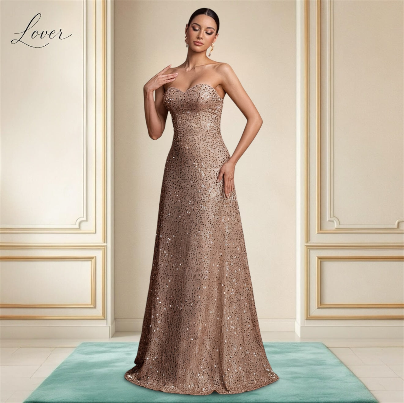 Vestido oro rosa de brillos strapless