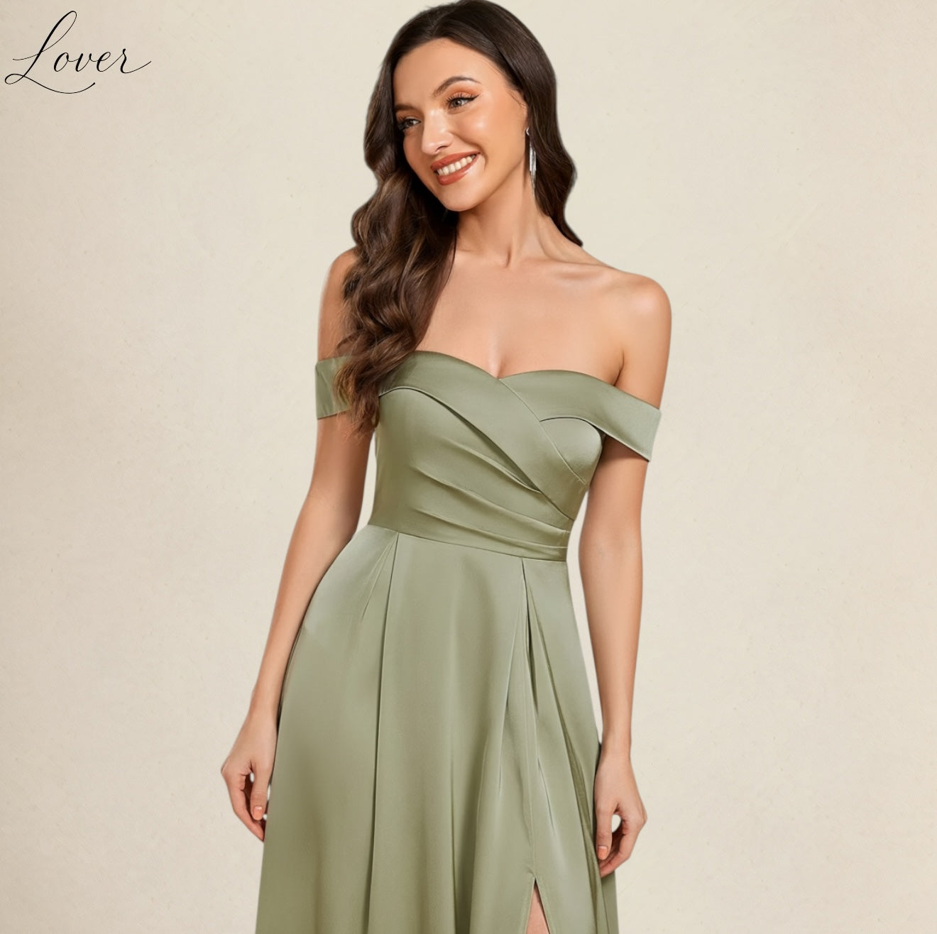 Vestido sage con hombros caídos