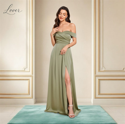 Vestido sage con hombros caídos