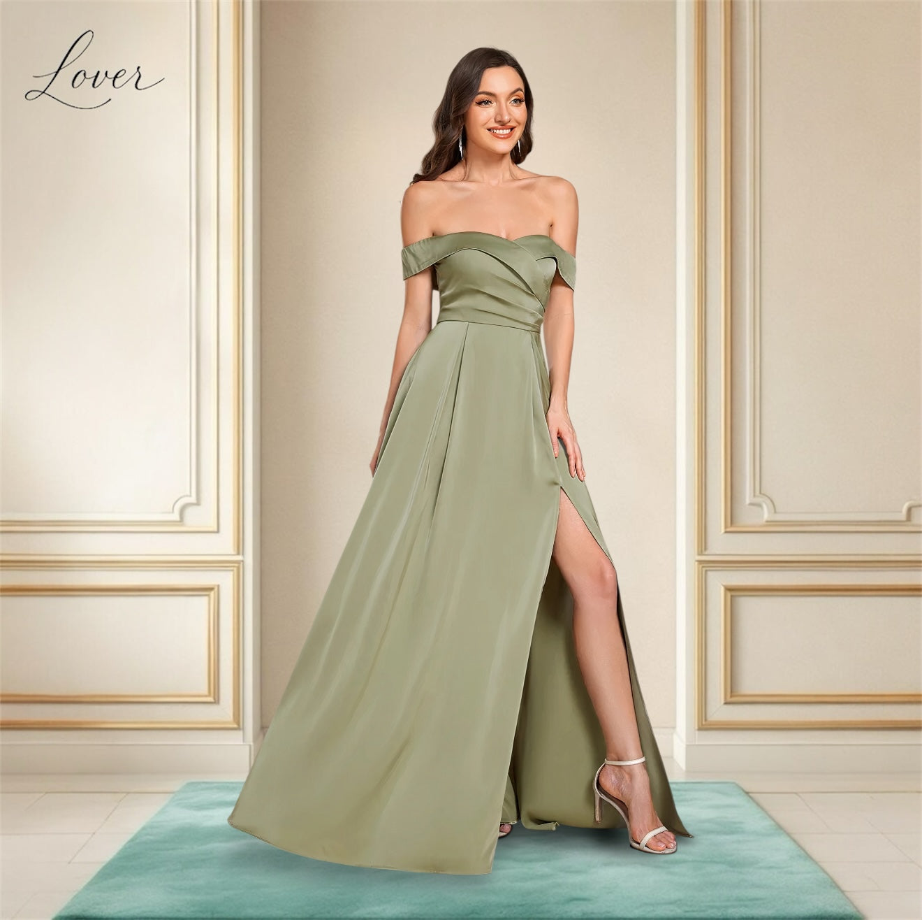 Vestido sage con hombros caídos