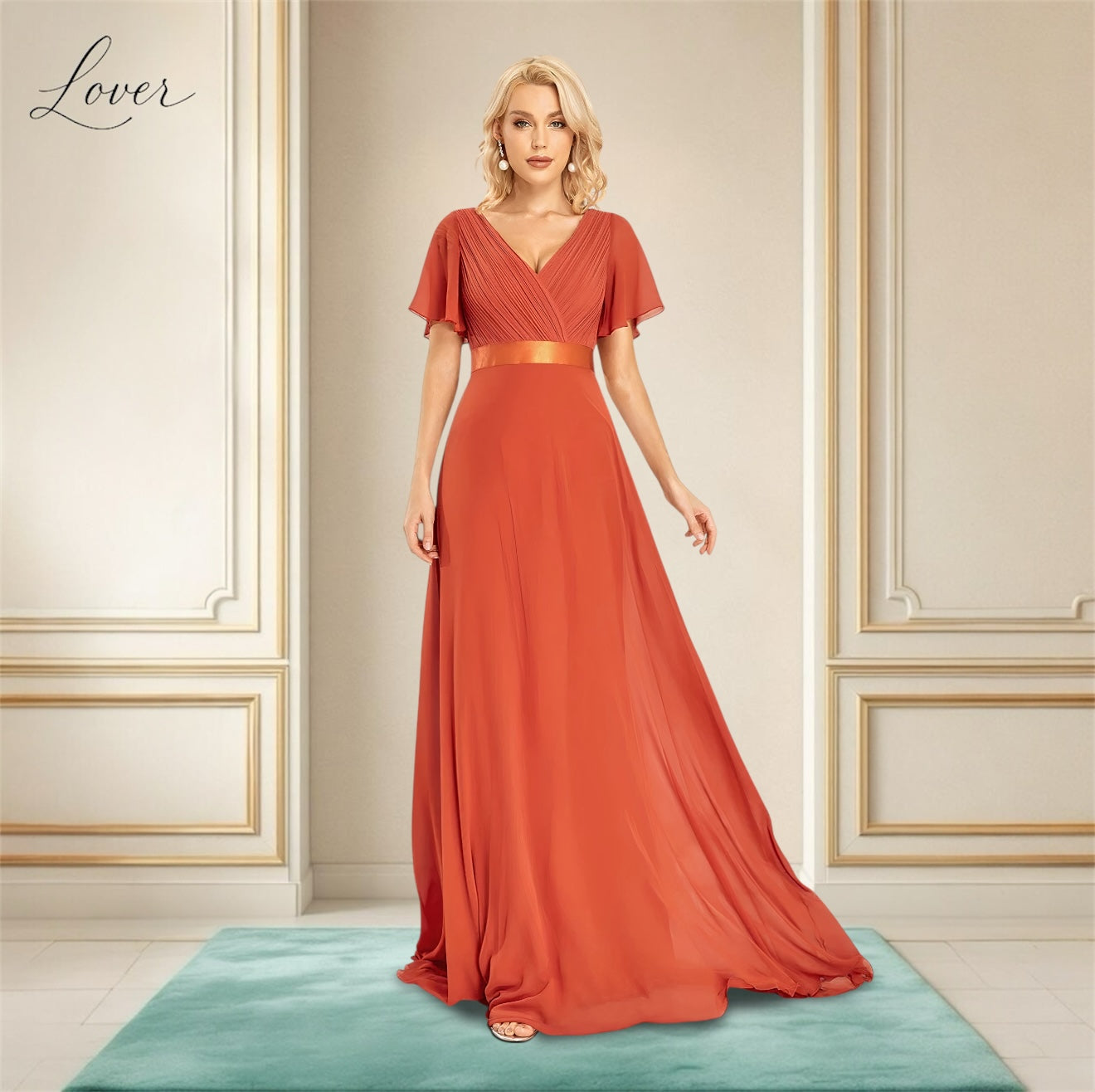 Vestido terracota liso con escote V y mangas