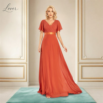 Vestido terracota liso con escote V y mangas