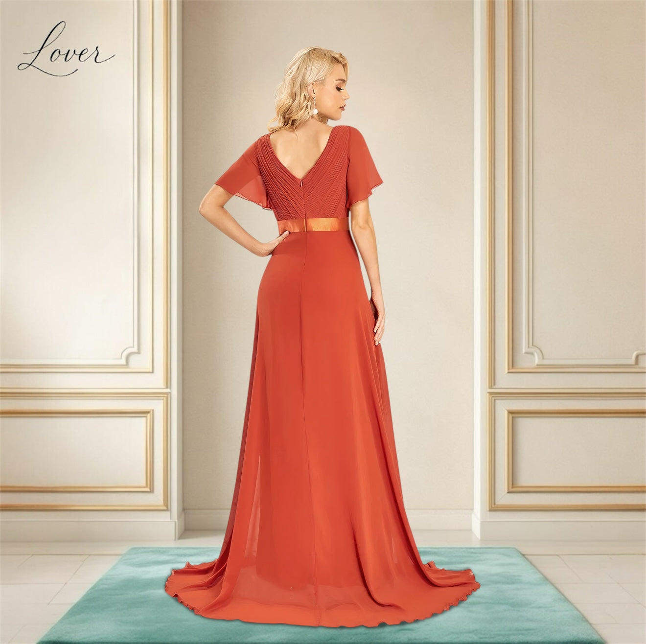 Vestido terracota liso con escote V y mangas