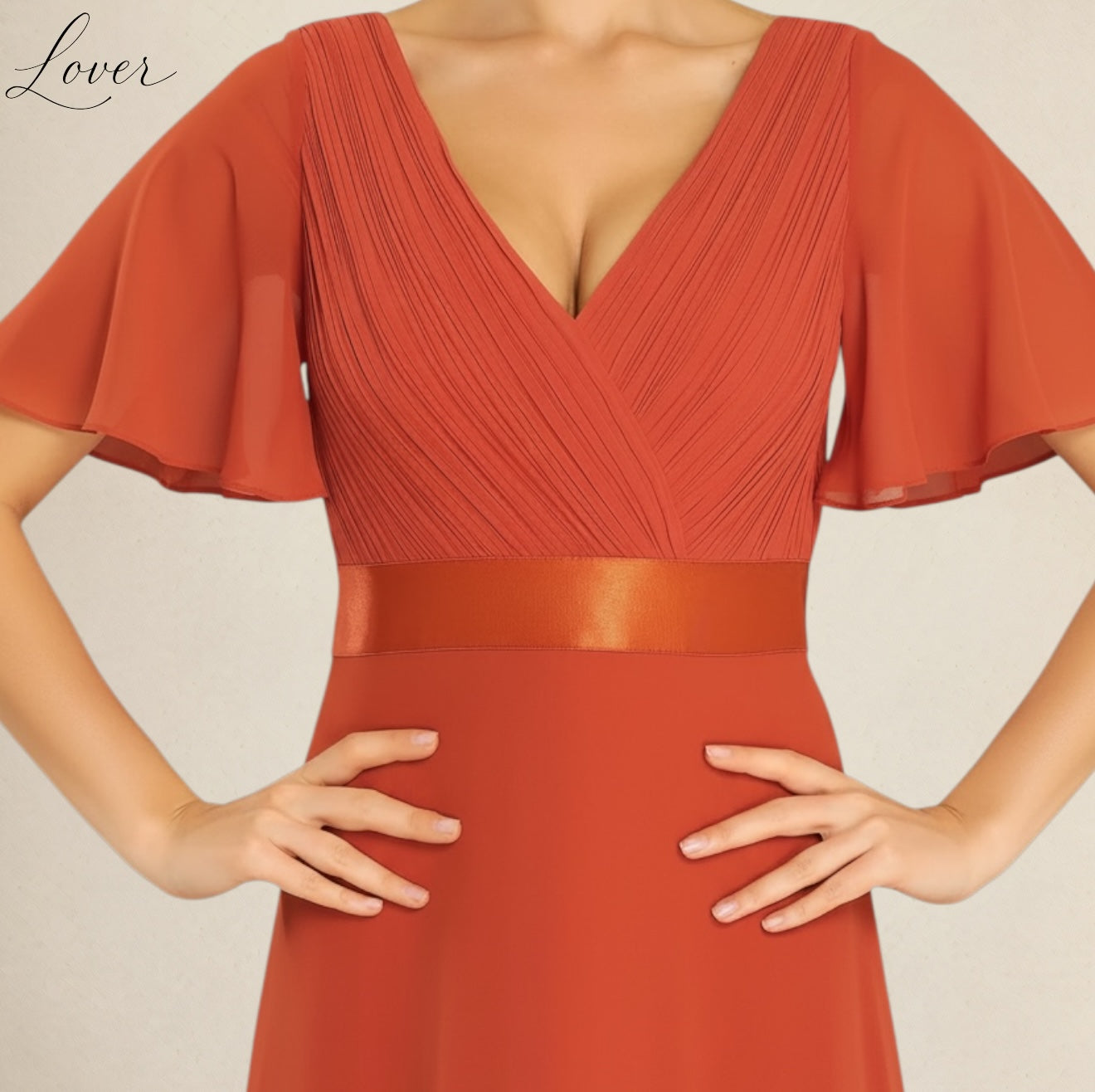 Vestido terracota liso con escote V y mangas