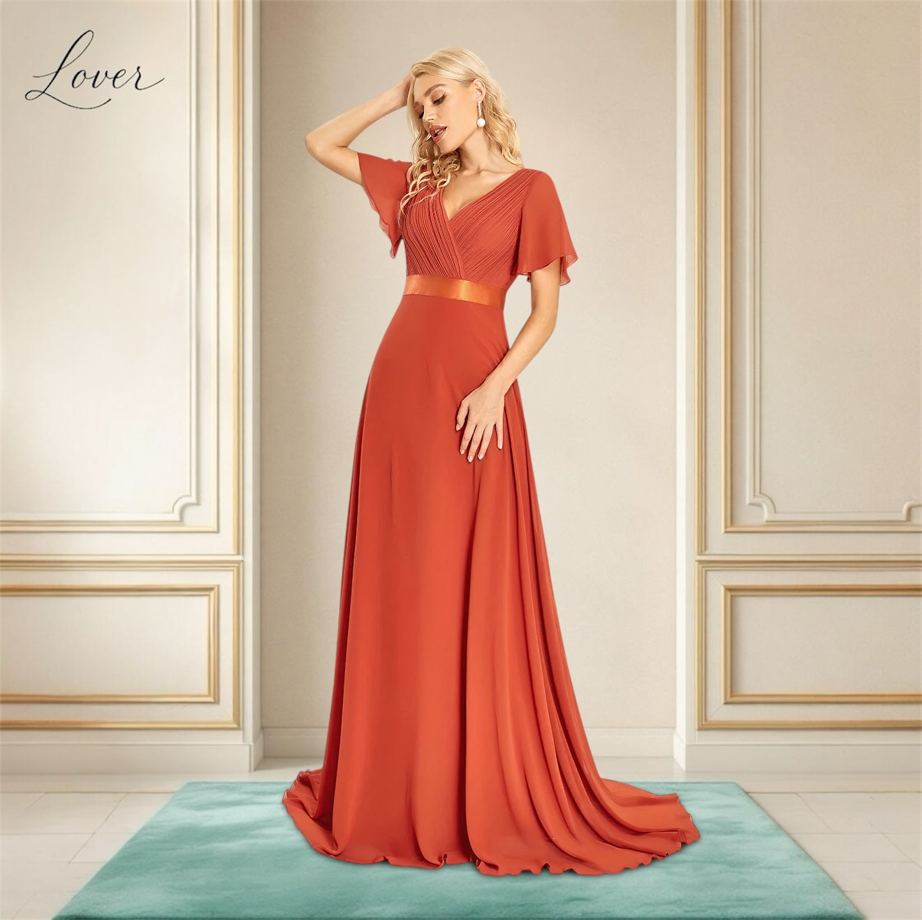 Vestido terracota liso con escote V y mangas