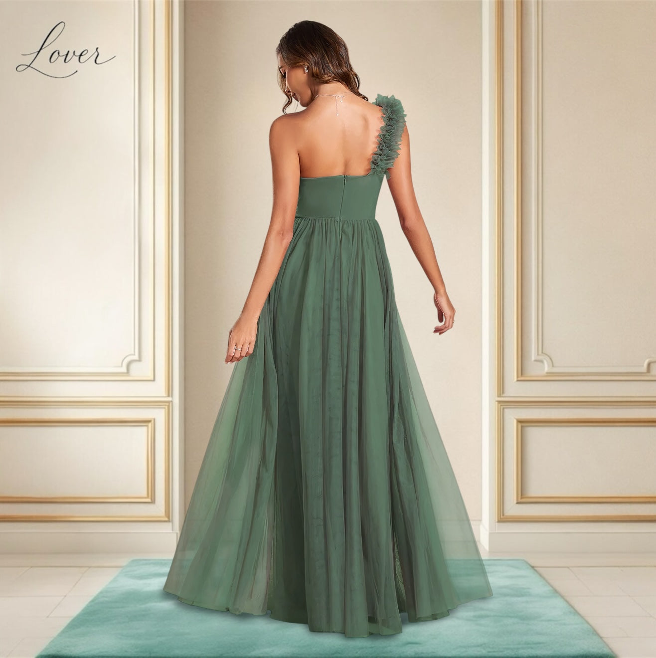 Vestido verde eucalipto de un hombro