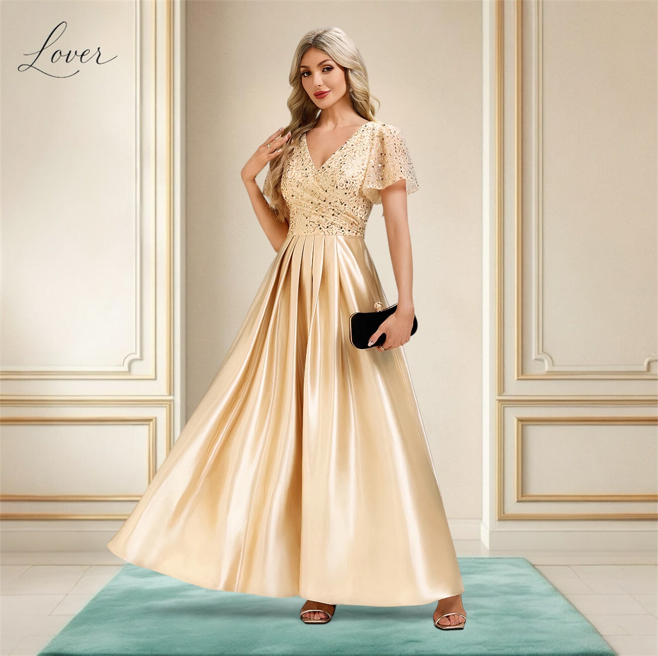 Vestido midi dorado con lentejuelas en top