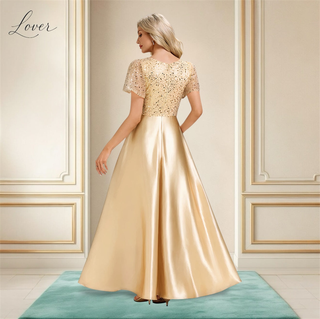 Vestido midi dorado con lentejuelas en top