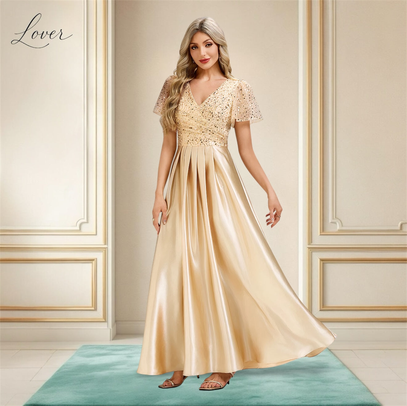 Vestido midi dorado con lentejuelas en top