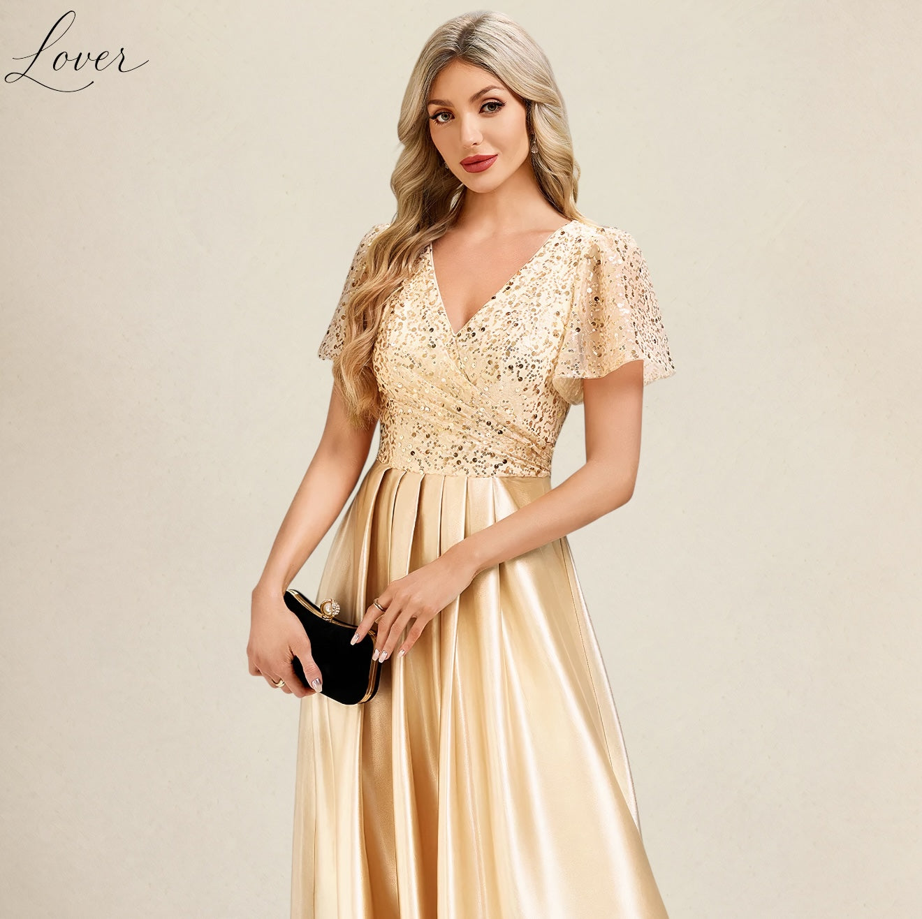 Vestido midi dorado con lentejuelas en top