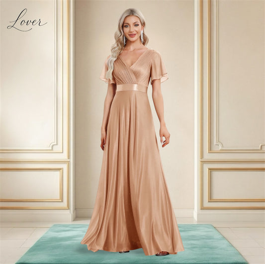 Vestido beige liso con escote en V y mangas