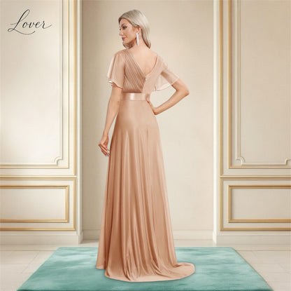 Vestido beige liso con escote en V y mangas