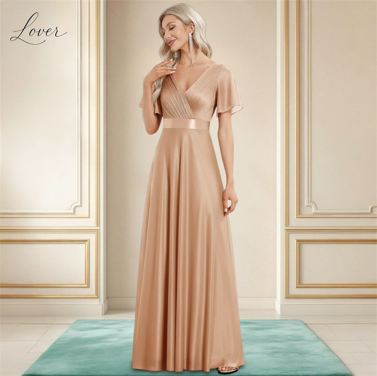 Vestido beige liso con escote en V y mangas