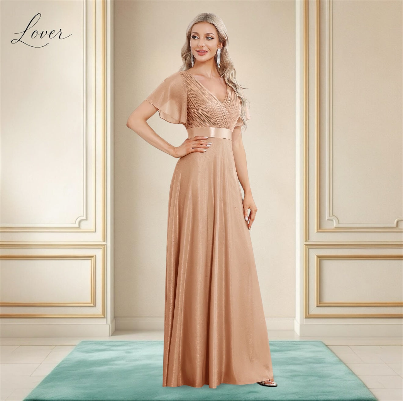 Vestido beige liso con escote en V y mangas