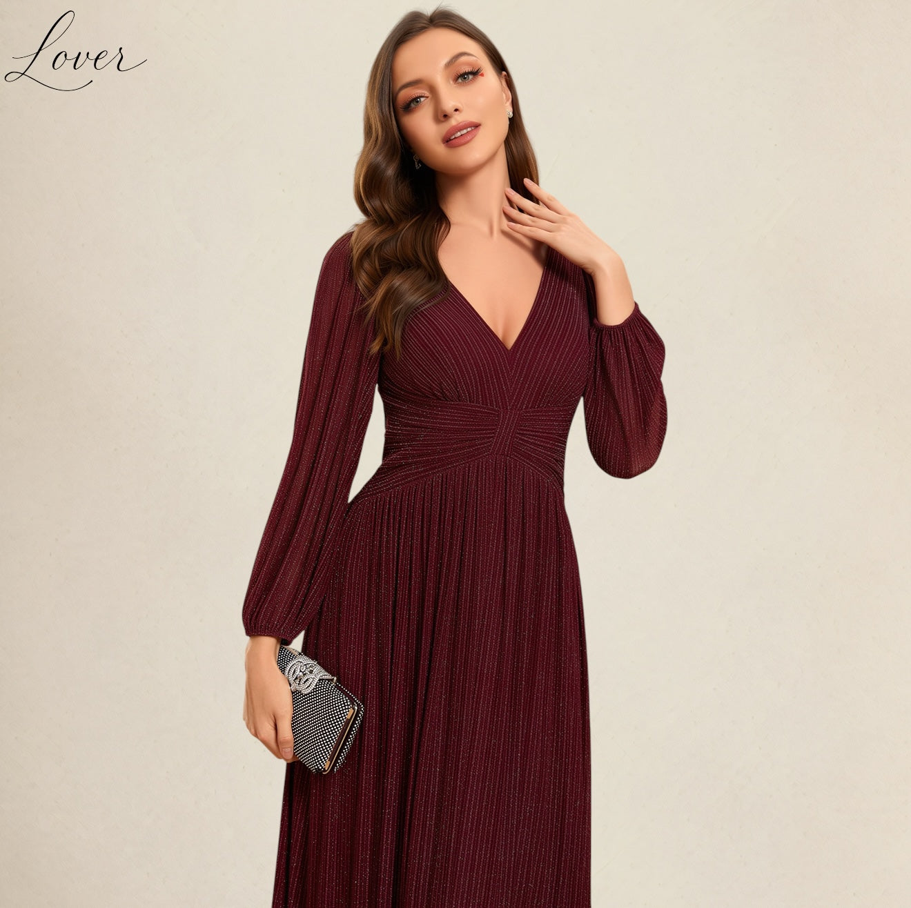 Vestido vino de manga larga con brillos