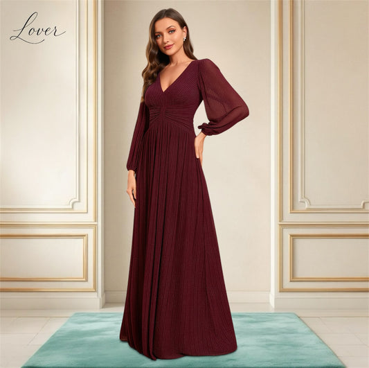 Vestido vino de manga larga con brillos