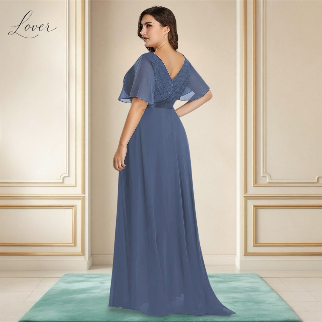 Vestido dusty blue con escote en V y mangas
